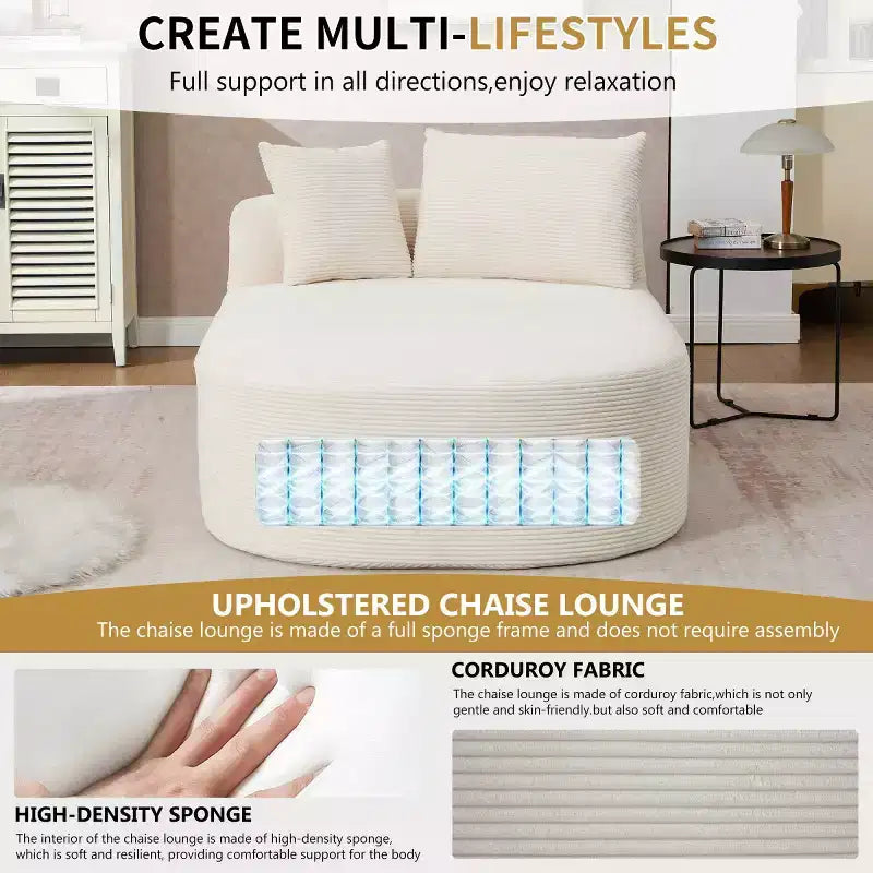 Chaise longue surdimensionnée en velours côtelé avec assise large de 117 cm, canapé-lit confortable avec oreillers pour salon ou chambre à coucher-Panipeachy