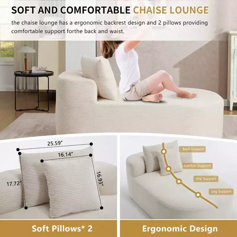 Chaise longue surdimensionnée en velours côtelé avec assise large de 117 cm, canapé-lit confortable avec oreillers pour salon ou chambre à coucher-Panipeachy