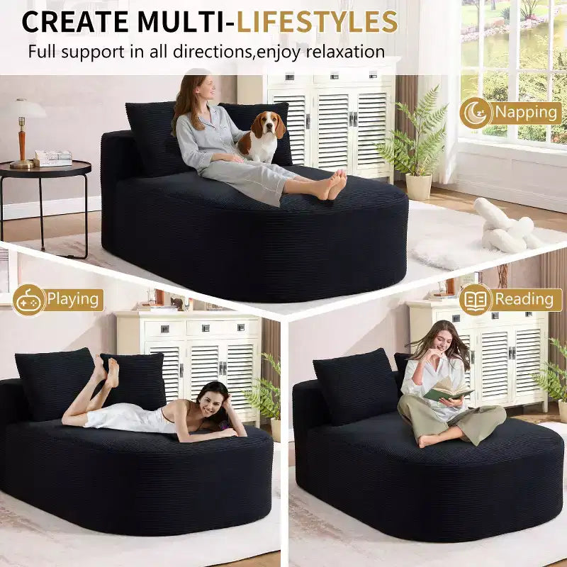 Chaise longue surdimensionnée en velours côtelé avec assise large de 117 cm, canapé-lit confortable avec oreillers pour salon ou chambre à coucher-Panipeachy