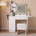 Okak Vanity Desk with Storage Stool Set, Makeup Vanity with Power Outlet and Large Storage Cabinet, Makeup Table for Living Room, Bedroom, White