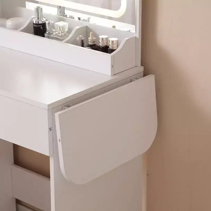 Coiffeuse Okak avec tabouret de rangement, coiffeuse de maquillage avec prise de courant et grand meuble de rangement, table de maquillage pour salon, chambre, blanc
