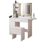 Coiffeuse Okak avec tabouret de rangement, coiffeuse de maquillage avec prise de courant et grand meuble de rangement, table de maquillage pour salon, chambre, blanc