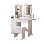 Coiffeuse Okak avec tabouret de rangement, coiffeuse de maquillage avec prise de courant et grand meuble de rangement, table de maquillage pour salon, chambre, blanc
