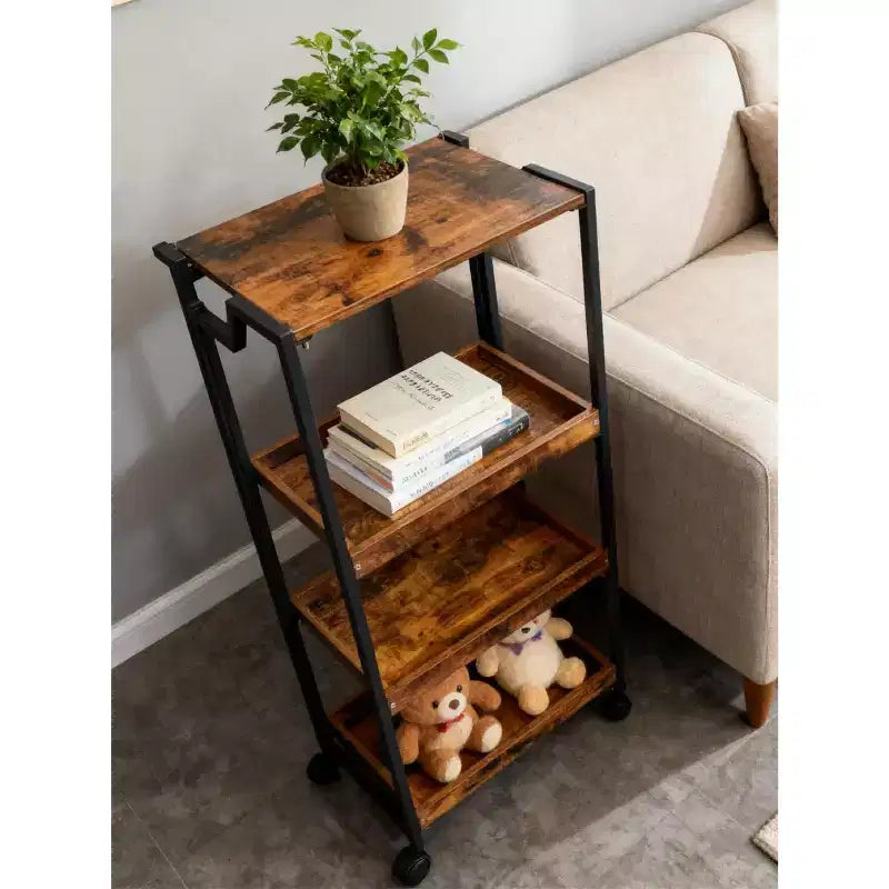 Chariot Roulant Pliable avec Roue Verrouillable, Étagère de Rangement en Bois à 4 Niveaux, Étagère d'Organisation de Cuisine Extensible, Étagères de Garage de 45 kg
