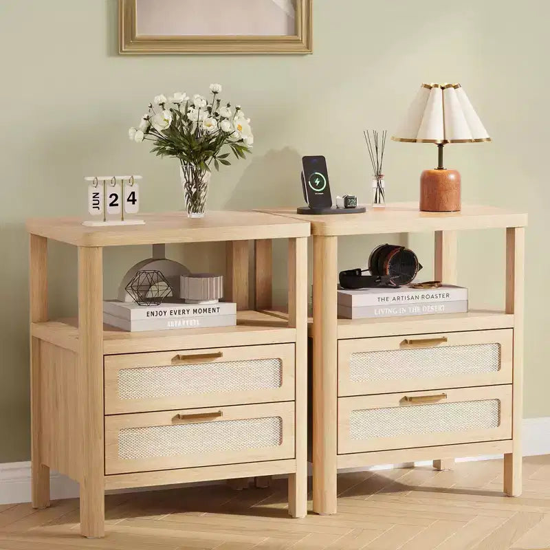 Tables de chevet en chêne 20, lot de 2, avec tiroir et étagère, 2 niveaux, pour chambre à coucher