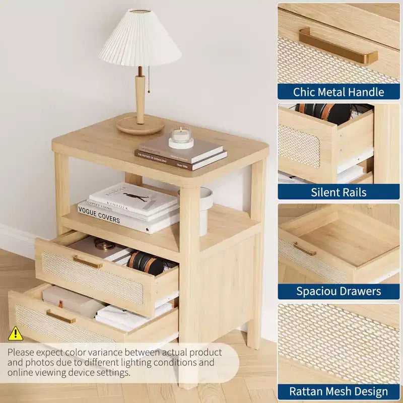 Tables de chevet en chêne 20, lot de 2, avec tiroir et étagère, 2 niveaux, pour chambre à coucher