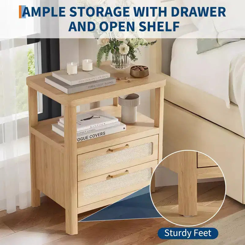 Tables de chevet en chêne 20, lot de 2, avec tiroir et étagère, 2 niveaux, pour chambre à coucher