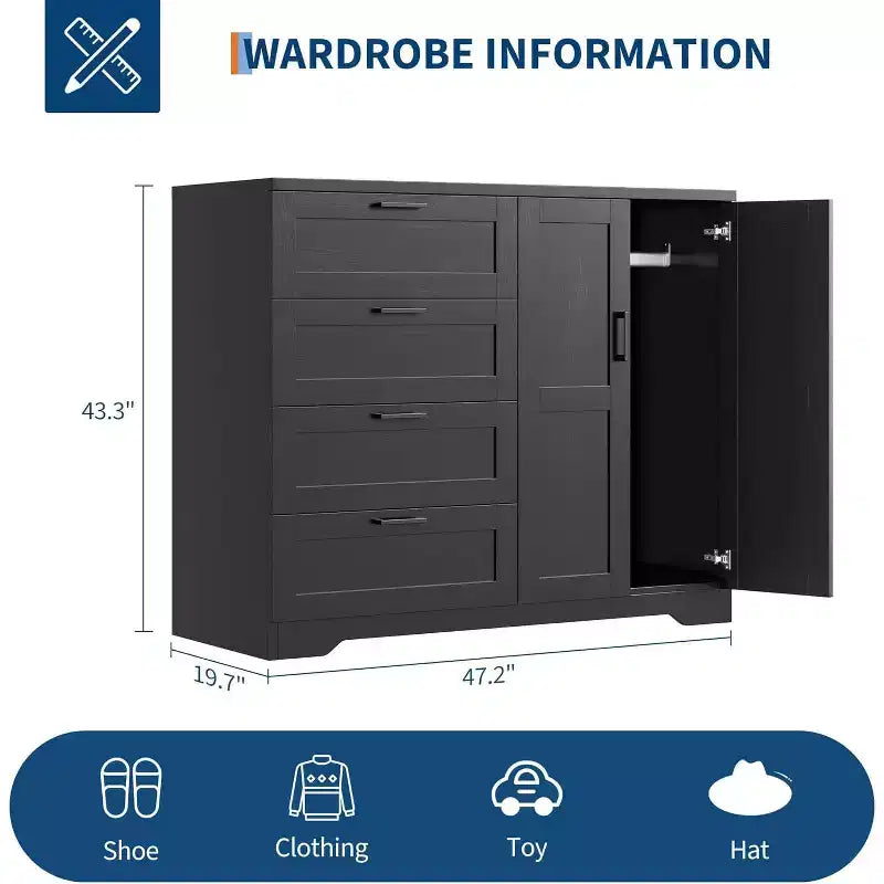 Commode de Rangement Noire de 109,9 cm avec 4 Tiroirs et Tringle à Vêtements, Organiseur Multifonctionnel pour Chambre à Coucher, Montage Facile