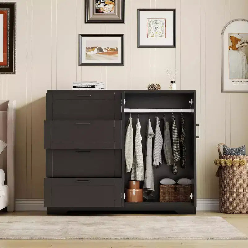 Commode de Rangement Noire de 109,9 cm avec 4 Tiroirs et Tringle à Vêtements, Organiseur Multifonctionnel pour Chambre à Coucher, Montage Facile