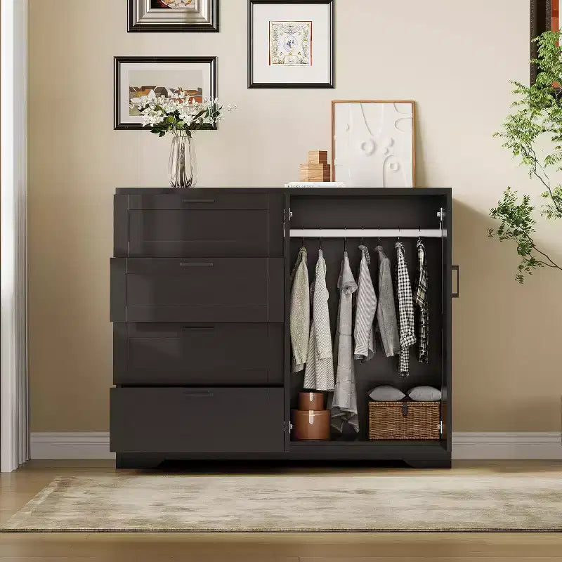 Commode de Rangement Noire de 109,9 cm avec 4 Tiroirs et Tringle à Vêtements, Organiseur Multifonctionnel pour Chambre à Coucher, Montage Facile