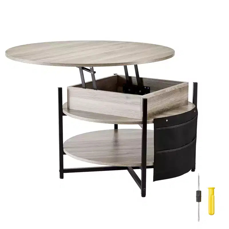 VEVOR Lift Top Coffee Table, 35.3 in Round Coffee Table with Extra Storage Pockets, Pop Up Coffee Table for Living Room, Dark gray