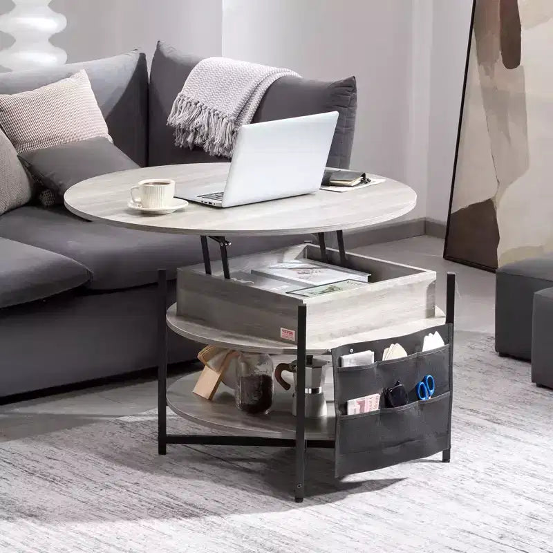 Table basse VEVOR avec plateau relevable, table basse ronde de 35,3 pouces avec poches de rangement supplémentaires, table basse relevable pour salon, gris foncé