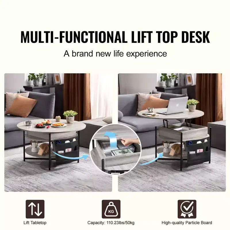Table basse VEVOR avec plateau relevable, table basse ronde de 35,3 pouces avec poches de rangement supplémentaires, table basse relevable pour salon, gris foncé