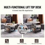 Table basse VEVOR avec plateau relevable, table basse ronde de 35,3 pouces avec poches de rangement supplémentaires, table basse relevable pour salon, gris foncé