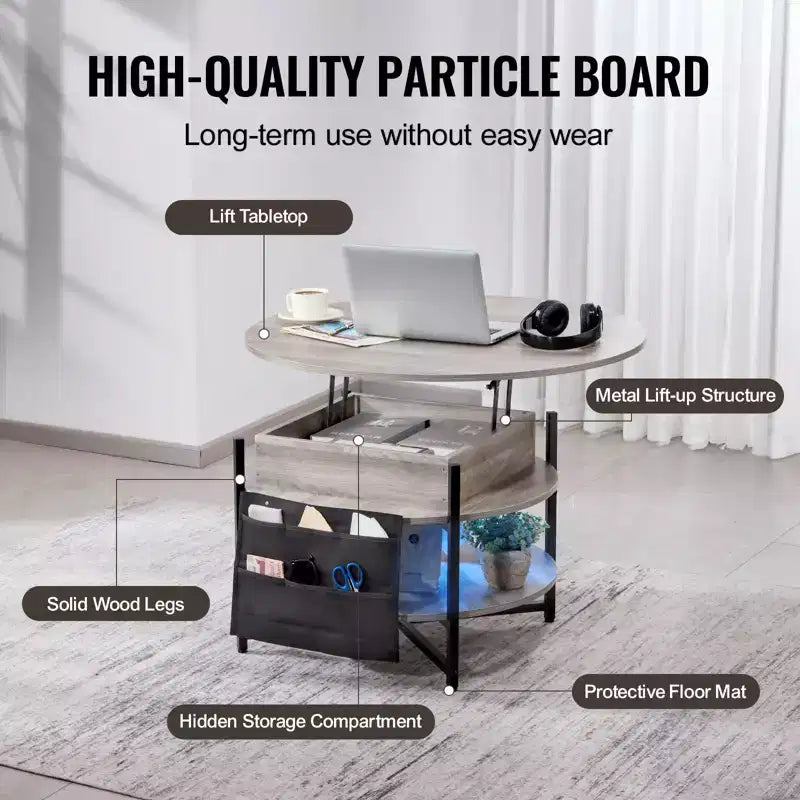 Table basse VEVOR avec plateau relevable, table basse ronde de 35,3 pouces avec poches de rangement supplémentaires, table basse relevable pour salon, gris foncé