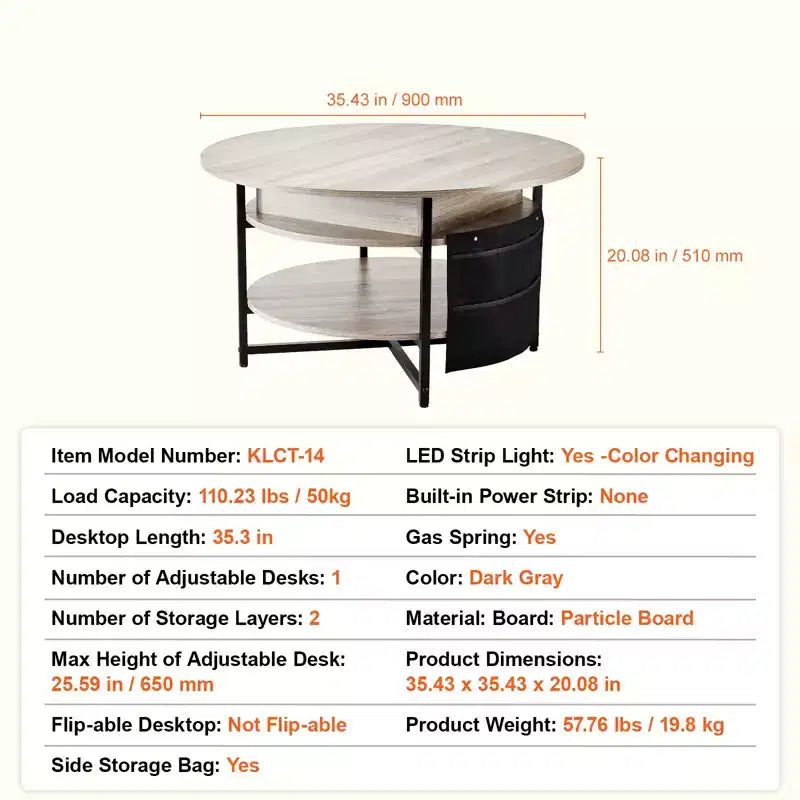 Table basse VEVOR avec plateau relevable, table basse ronde de 35,3 pouces avec poches de rangement supplémentaires, table basse relevable pour salon, gris foncé
