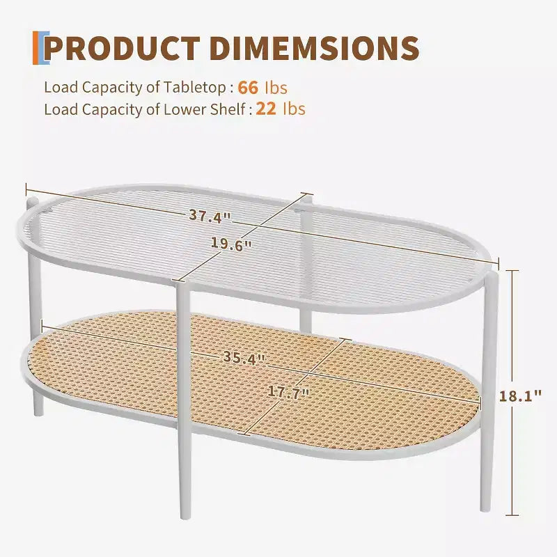 Table basse bohème en rotin avec plateau en verre, Table d'appoint ovale à 2 niveaux avec cadre en métal et étagère de rangement inférieure, Table d'appoint rustique de style ferme pour salon