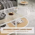 Table basse bohème en rotin avec plateau en verre, Table d'appoint ovale à 2 niveaux avec cadre en métal et étagère de rangement inférieure, Table d'appoint rustique de style ferme pour salon