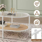 Table basse bohème en rotin avec plateau en verre, Table d'appoint ovale à 2 niveaux avec cadre en métal et étagère de rangement inférieure, Table d'appoint rustique de style ferme pour salon