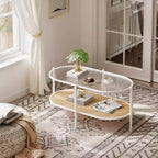 Table basse bohème en rotin avec plateau en verre, Table d'appoint ovale à 2 niveaux avec cadre en métal et étagère de rangement inférieure, Table d'appoint rustique de style ferme pour salon