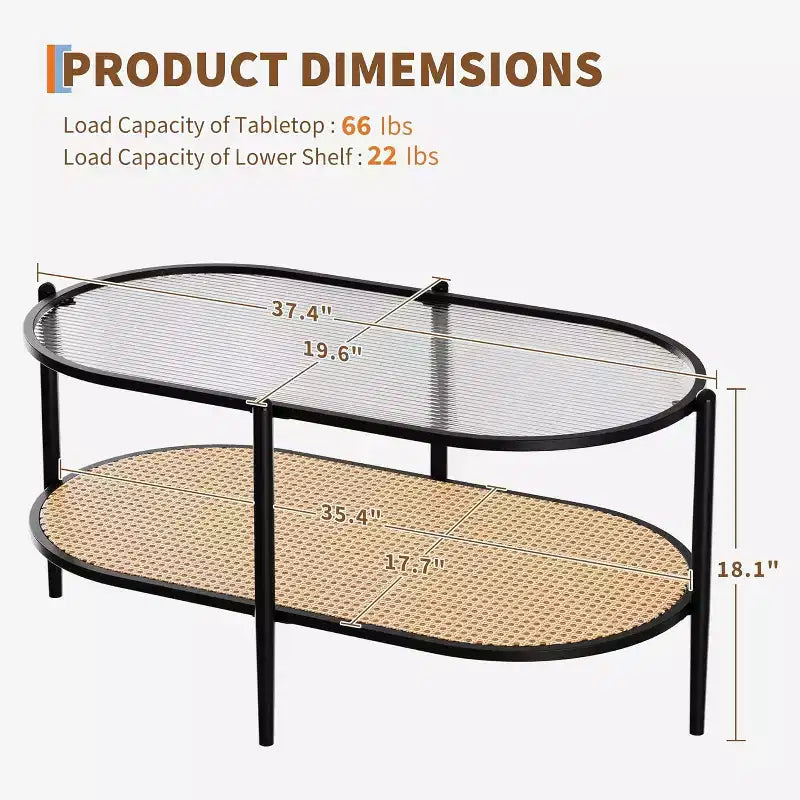 Table basse bohème en rotin avec plateau en verre, Table d'appoint ovale à 2 niveaux avec cadre en métal et étagère de rangement inférieure, Table d'appoint rustique de style ferme pour salon