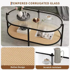Table basse bohème en rotin avec plateau en verre, Table d'appoint ovale à 2 niveaux avec cadre en métal et étagère de rangement inférieure, Table d'appoint rustique de style ferme pour salon