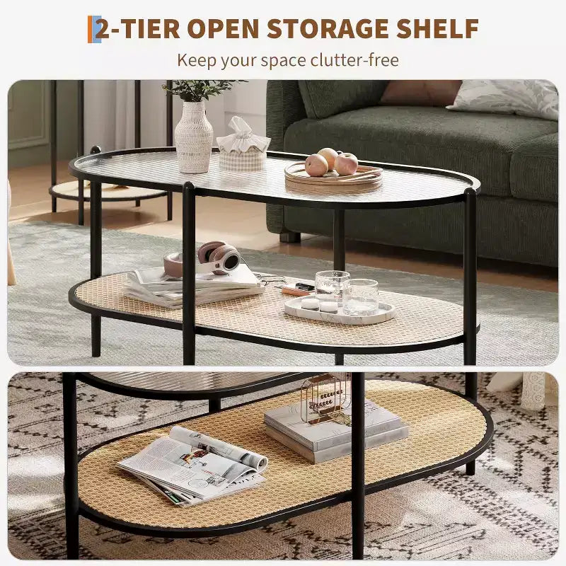 Table basse bohème en rotin avec plateau en verre, Table d'appoint ovale à 2 niveaux avec cadre en métal et étagère de rangement inférieure, Table d'appoint rustique de style ferme pour salon
