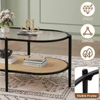 Table basse bohème en rotin avec plateau en verre, Table d'appoint ovale à 2 niveaux avec cadre en métal et étagère de rangement inférieure, Table d'appoint rustique de style ferme pour salon