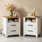 2 Pcs Farmhouse Nightstand with Charging Station  2 Drawers & Open Shelf, USB/Type-C/AC Outlets, End Table for Bedroom, Living Room