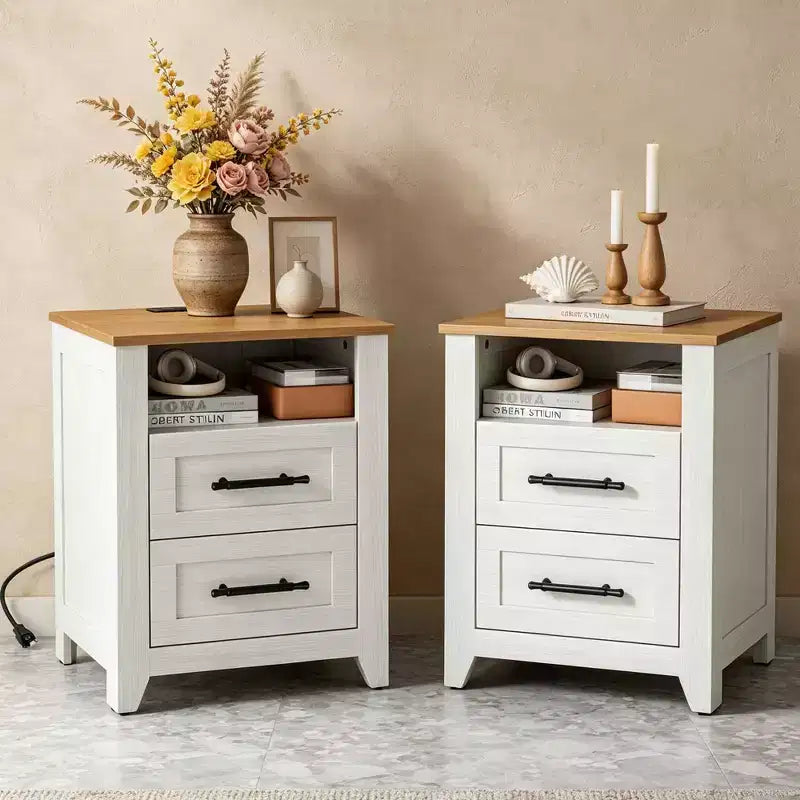 2 Pcs Farmhouse Nightstand with Charging Station  2 Drawers & Open Shelf, USB/Type-C/AC Outlets, End Table for Bedroom, Living Room