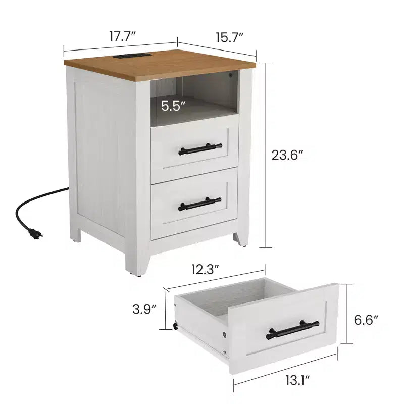 2 tables de chevet de ferme avec station de recharge, 2 tiroirs et étagère ouverte, prises USB/Type-C/AC, table d'appoint pour chambre à coucher, salon