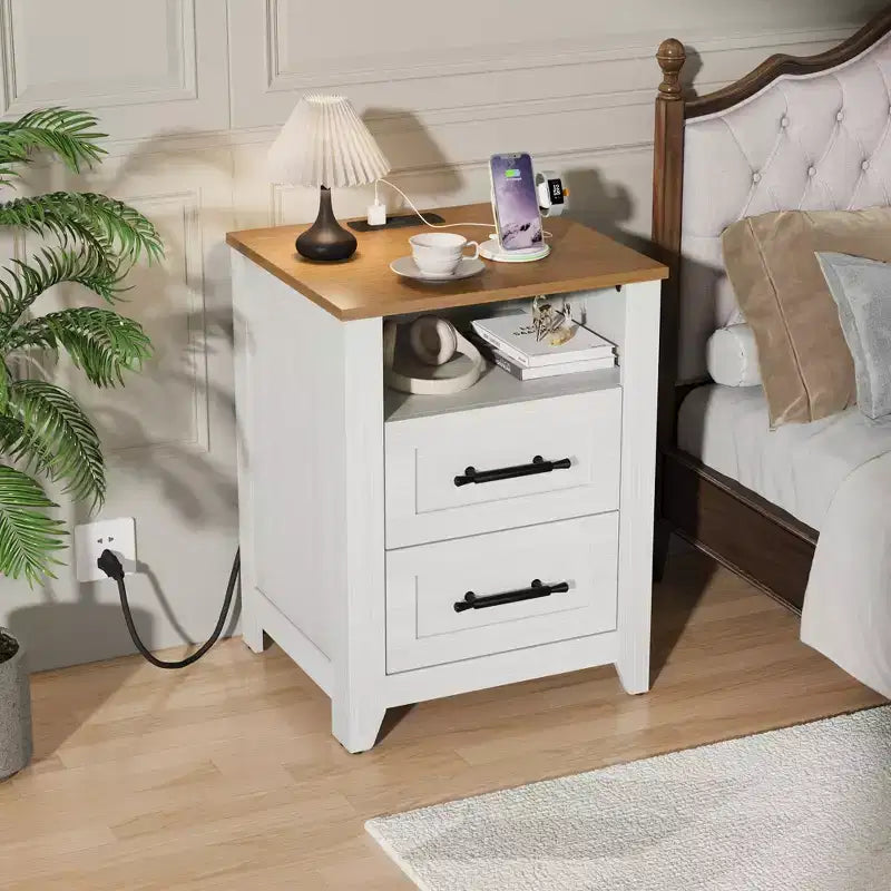 2 tables de chevet de ferme avec station de recharge, 2 tiroirs et étagère ouverte, prises USB/Type-C/AC, table d'appoint pour chambre à coucher, salon