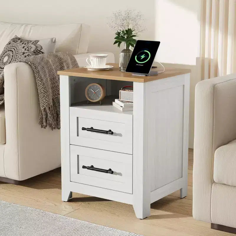 2 tables de chevet de ferme avec station de recharge, 2 tiroirs et étagère ouverte, prises USB/Type-C/AC, table d'appoint pour chambre à coucher, salon
