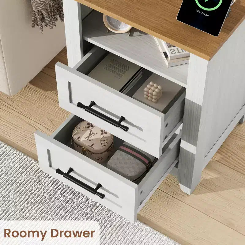 2 tables de chevet de ferme avec station de recharge, 2 tiroirs et étagère ouverte, prises USB/Type-C/AC, table d'appoint pour chambre à coucher, salon