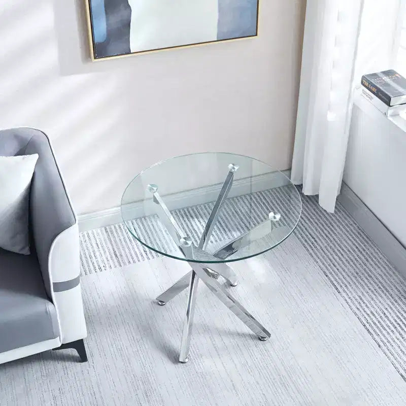 Table d'appoint ronde en verre de 23,6 pouces, plateau en verre trempé avec pieds chromés pour salon, salle à manger, bureau à domicile
