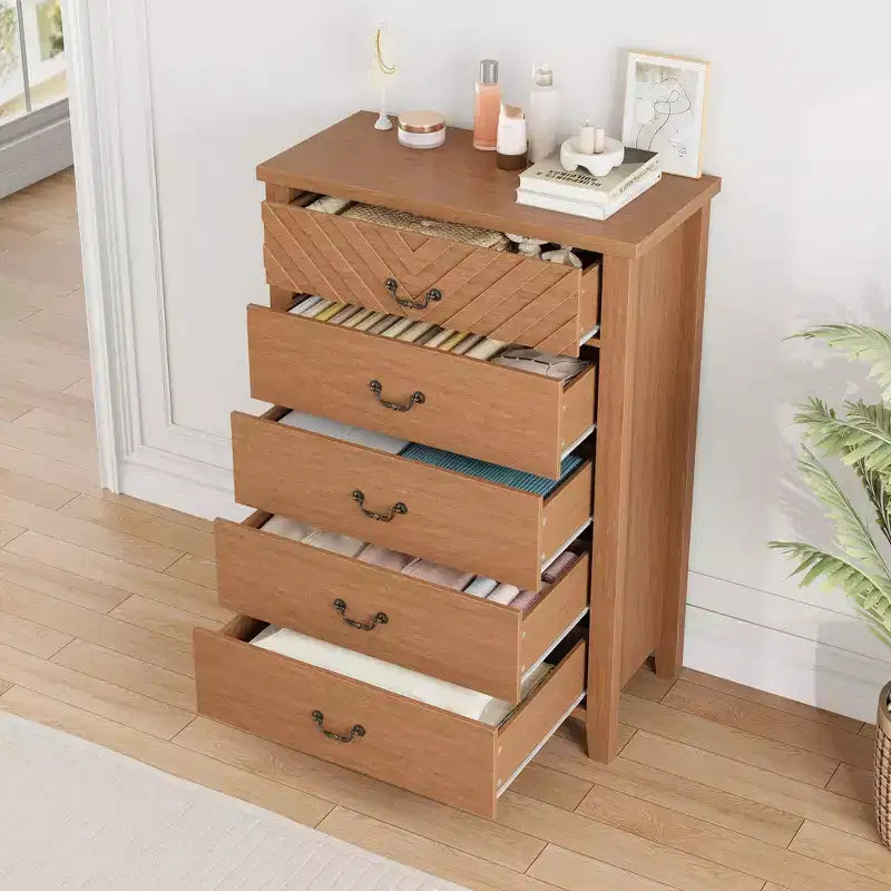 Commode de chambre à 5 tiroirs de style ferme, commode haute de 114,8 cm, tiroir vertical de rangement autoportant, commode de rangement en bois pour chambre à coucher