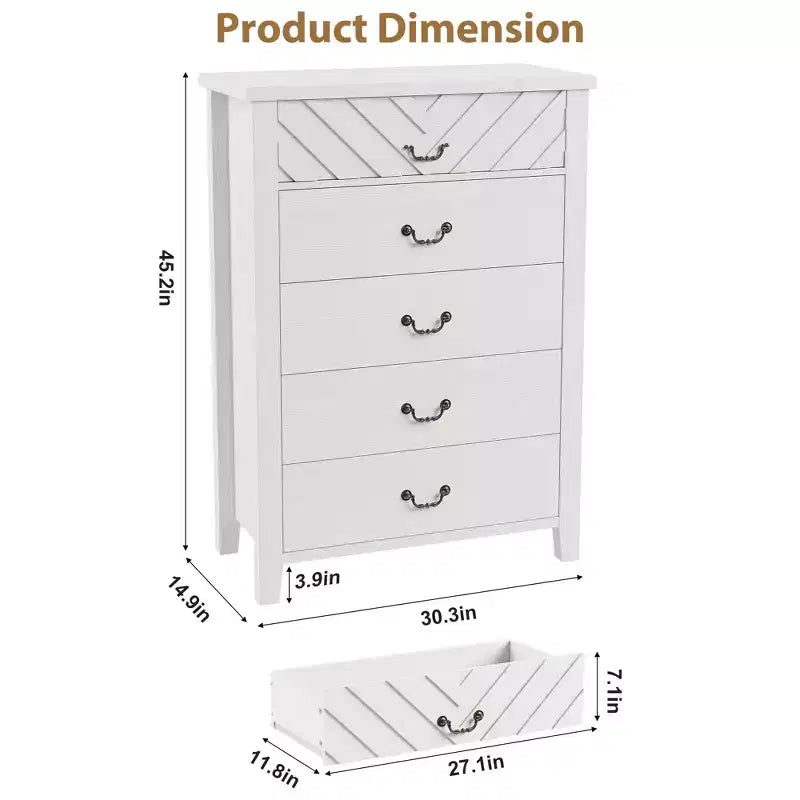 Commode de chambre à 5 tiroirs de style ferme, commode haute de 114,8 cm, tiroir vertical de rangement autoportant, commode de rangement en bois pour chambre à coucher