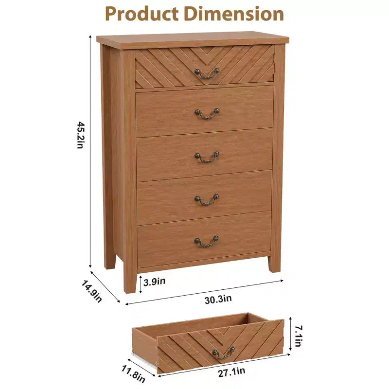 Commode de chambre à 5 tiroirs de style ferme, commode haute de 114,8 cm, tiroir vertical de rangement autoportant, commode de rangement en bois pour chambre à coucher