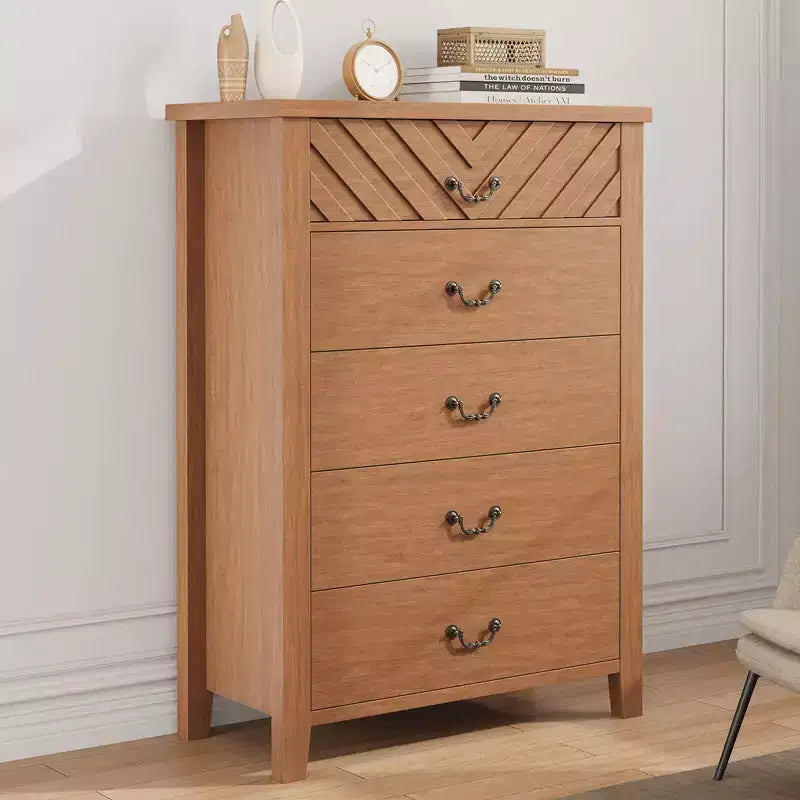 Commode de chambre à 5 tiroirs de style ferme, commode haute de 114,8 cm, tiroir vertical de rangement autoportant, commode de rangement en bois pour chambre à coucher