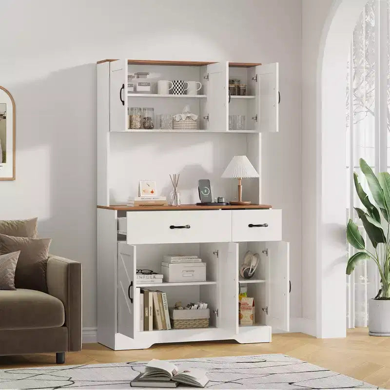 Armoire de rangement de cuisine haute de 71 pouces avec support pour micro-ondes, buffet de cuisine de style ferme avec étagères réglables pour salon, salle à manger