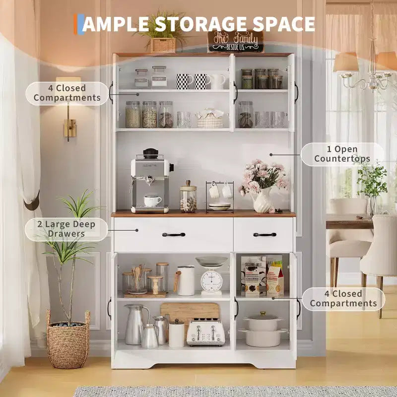 Armoire de rangement de cuisine haute de 71 pouces avec support pour micro-ondes, buffet de cuisine de style ferme avec étagères réglables pour salon, salle à manger