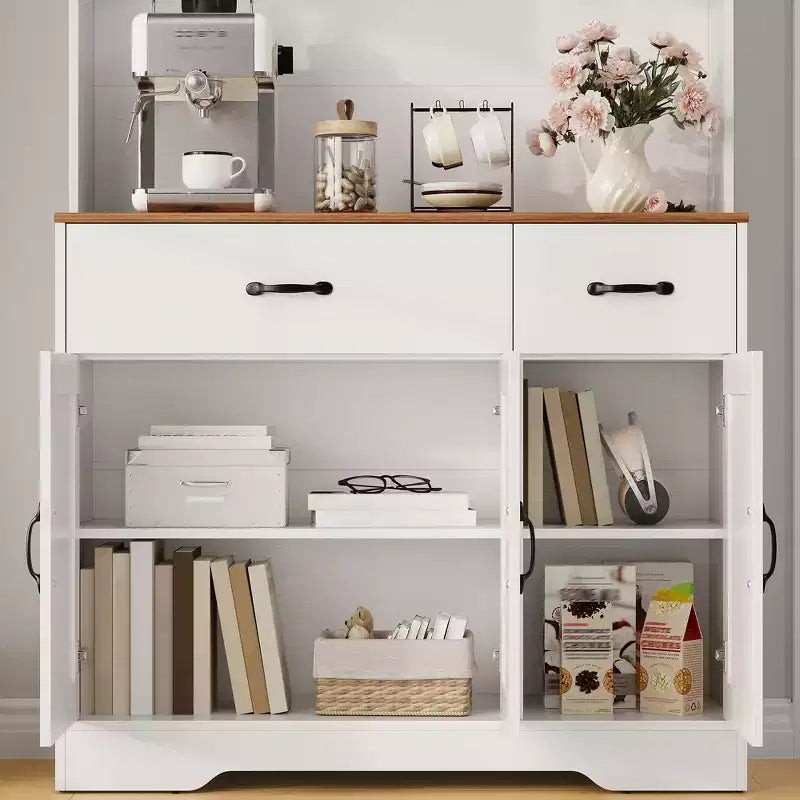 Armoire de rangement de cuisine haute de 71 pouces avec support pour micro-ondes, buffet de cuisine de style ferme avec étagères réglables pour salon, salle à manger