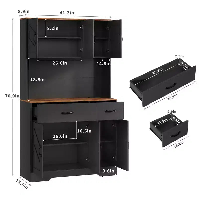 Armoire de rangement de cuisine haute de 71 pouces avec support pour micro-ondes, buffet de cuisine de style ferme avec étagères réglables pour salon, salle à manger