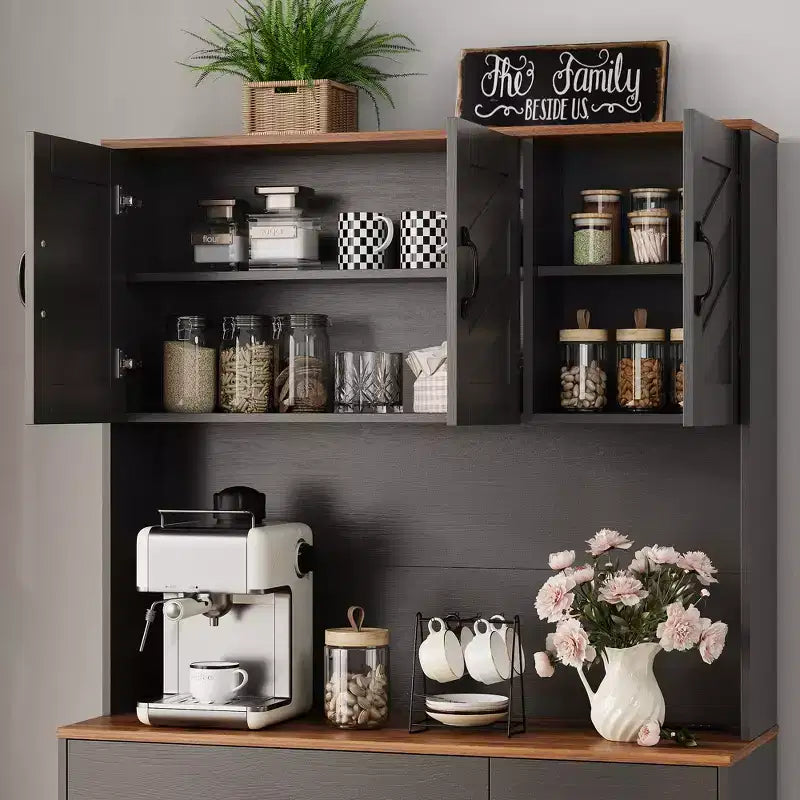 Armoire de rangement de cuisine haute de 71 pouces avec support pour micro-ondes, buffet de cuisine de style ferme avec étagères réglables pour salon, salle à manger