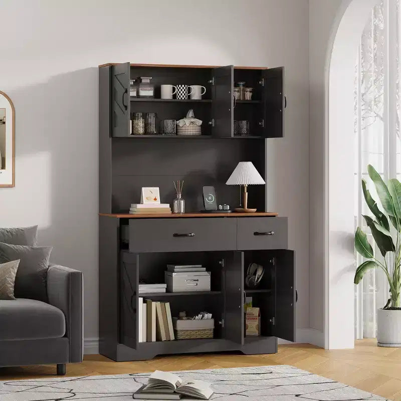 Armoire de rangement de cuisine haute de 71 pouces avec support pour micro-ondes, buffet de cuisine de style ferme avec étagères réglables pour salon, salle à manger