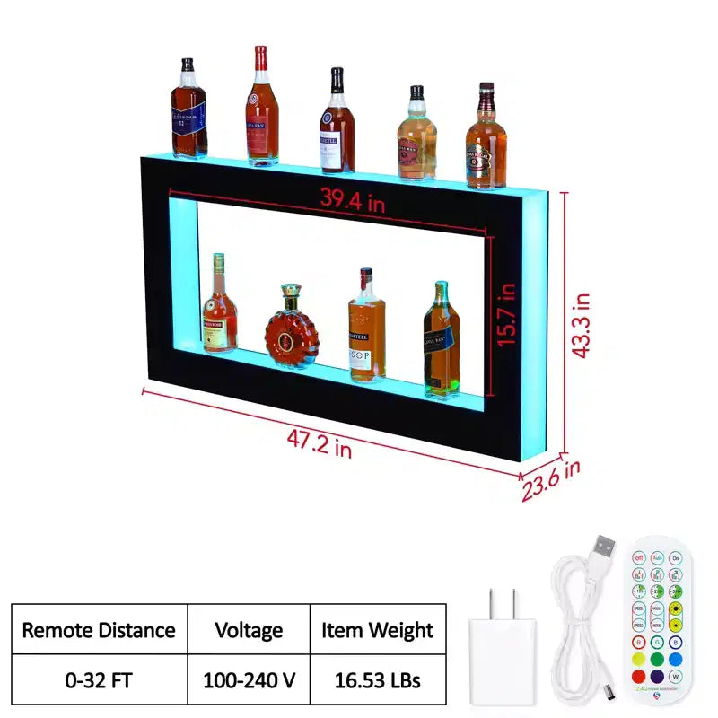 Garvee Étagère de Présentation de Bouteilles Lumineuse à 48 LED, Étagère de Bar Multifonctionnelle à 2 Niveaux avec Télécommande et Contrôle via Application, Noir