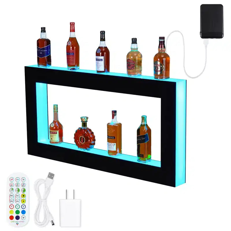 Garvee Étagère de Présentation de Bouteilles Lumineuse à 48 LED, Étagère de Bar Multifonctionnelle à 2 Niveaux avec Télécommande et Contrôle via Application, Noir
