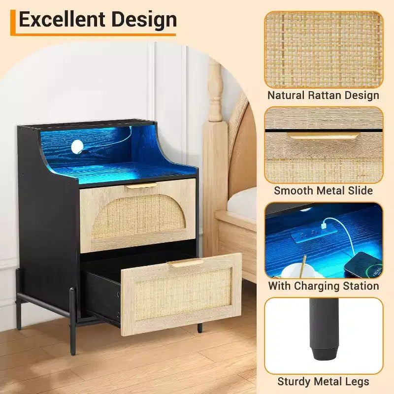 Table de chevet avec prises et ports USB - Table de nuit à éclairage couleur réglable, Table d'appoint en rotin avec 2 tiroirs de rangement