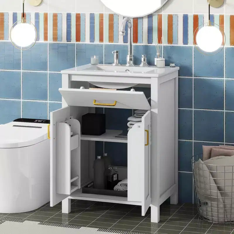 Meuble-lavabo de salle de bain de 24 pouces avec évier en céramique, tiroir basculant et étagère réglable, meuble de salle de bain autoportant pour petits espaces
