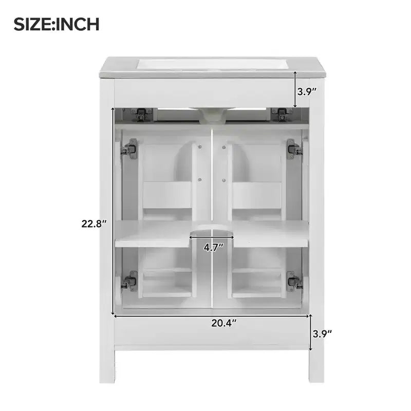 Meuble-lavabo de salle de bain de 24 pouces avec évier en céramique, tiroir basculant et étagère réglable, meuble de salle de bain autoportant pour petits espaces